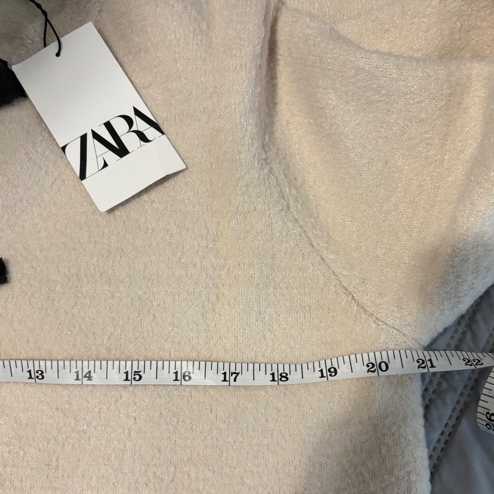 Zara Cardigan Women XL Cream Black Velvet Bows Fringe Trim Textured Knit Jacket - Picture 6 of 7